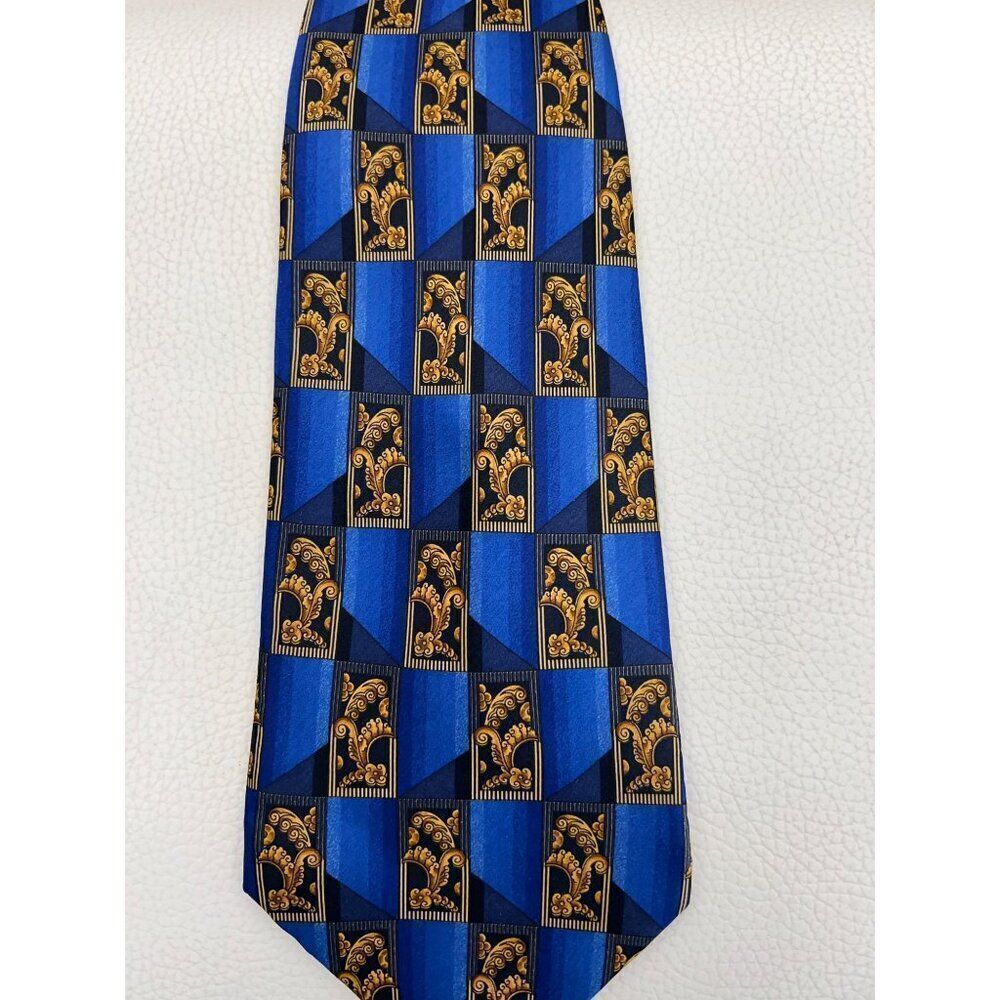 Lanvin Paris Men Blue Gold Art Deco Print Silk Neck Tie